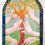 Six hands grasp a tree, a treetop and the roots. The tree has no leaves. The picture is framed by an arched window, the window frame is dark. The background of the picture is a delicate light green.